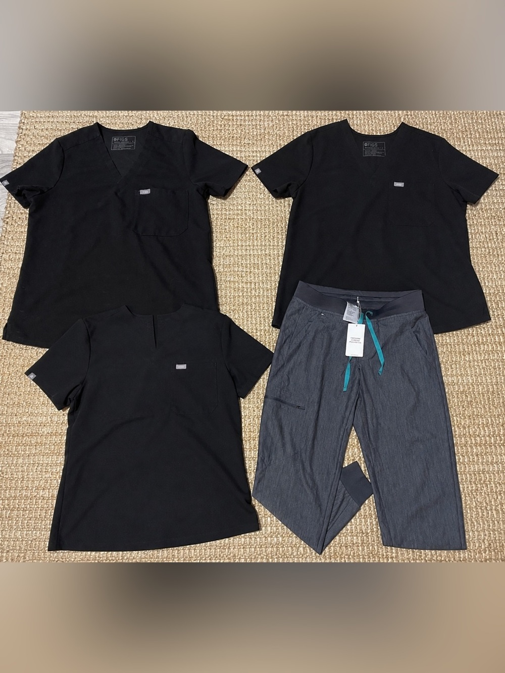 Figs Trio of Black Scrub Tops with Charcoal Gray Scrub Pants